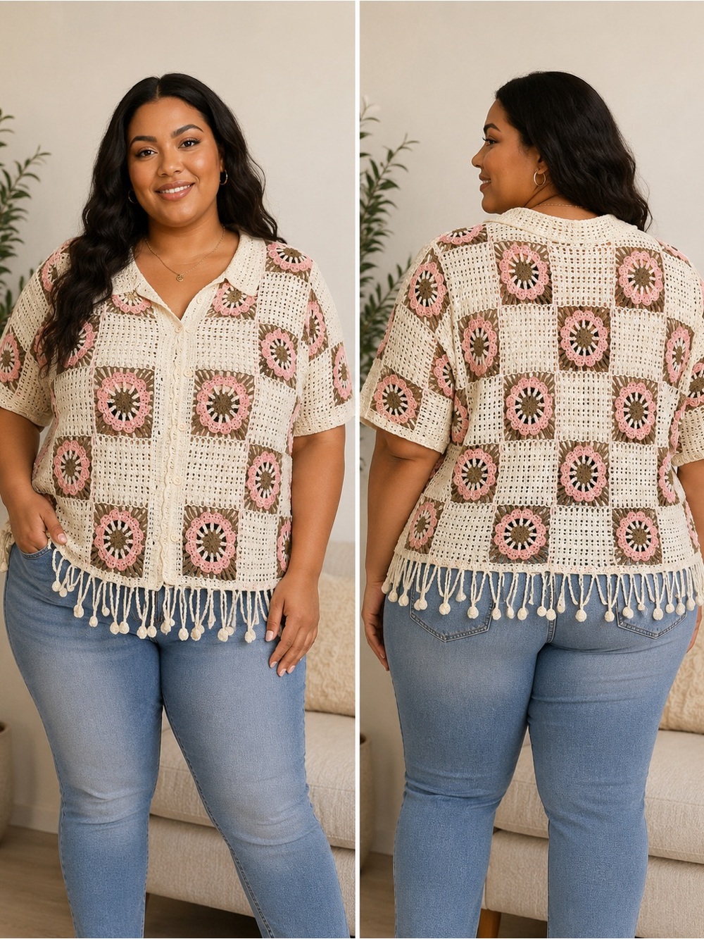 G&D Crochet Granny Square Tassel Top | Boho Button Front Knit Shirt | Size 1X